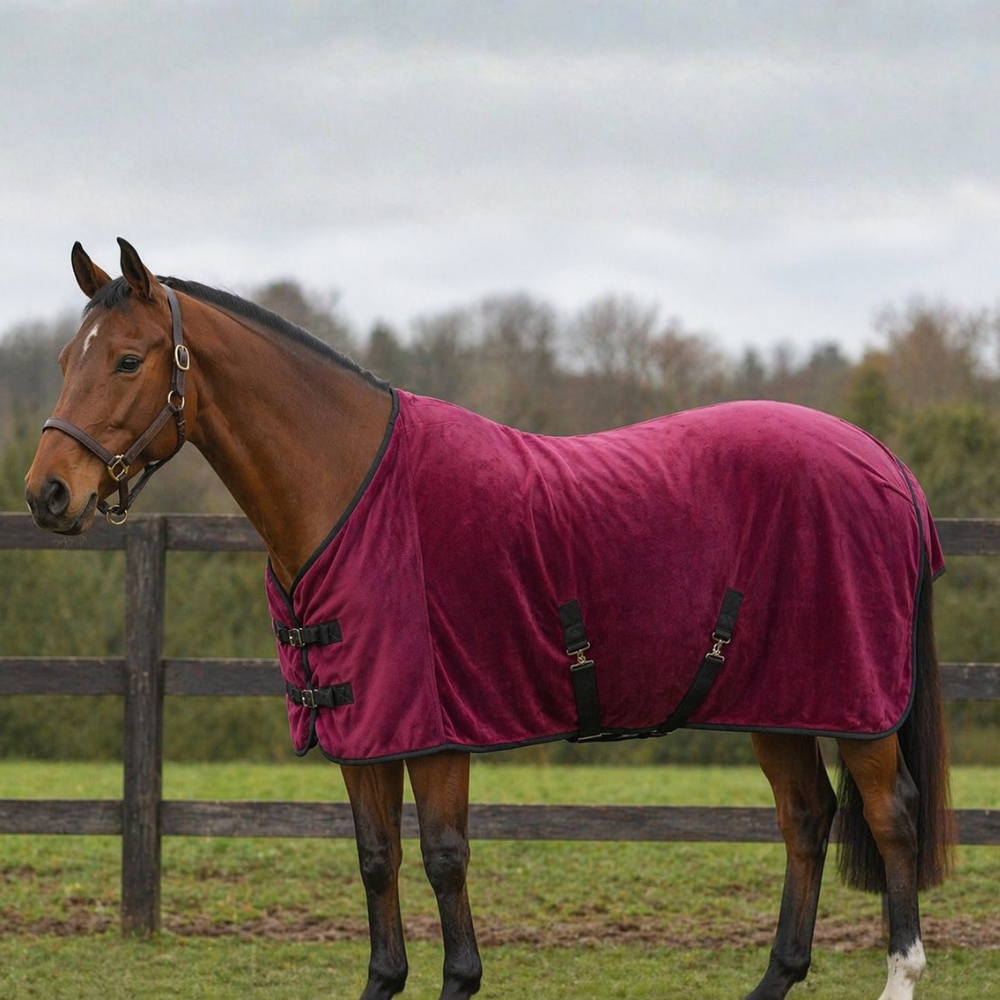 Horse wearing a pink blanket standing in a field with a wooden fence and trees in the background.