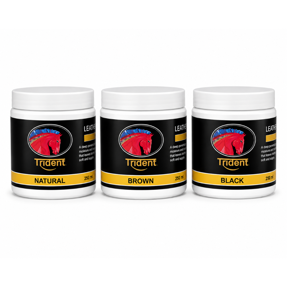 Three containers of Trident leather conditioner on a white background