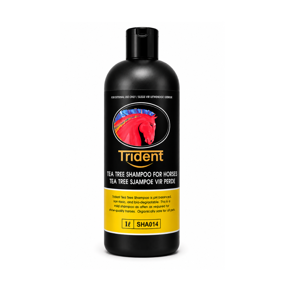 Trident tea tree shampoo bottle for horses on a white background
