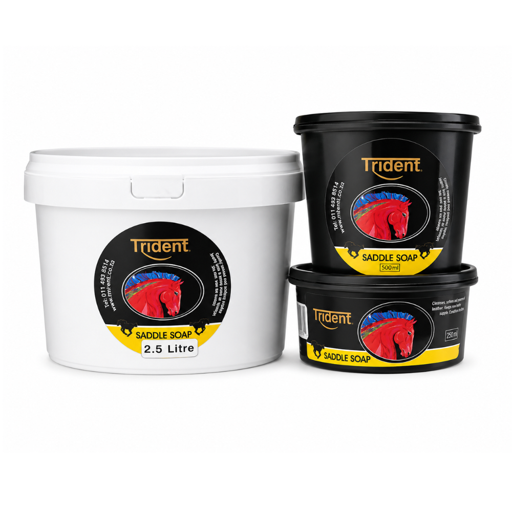 Three containers of Trident Saddle Soap on a white background